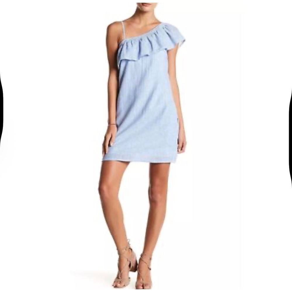 Beachlunchlounge Womens Light Blue One Shoulder Ruffle Linen Blend Shift Dress